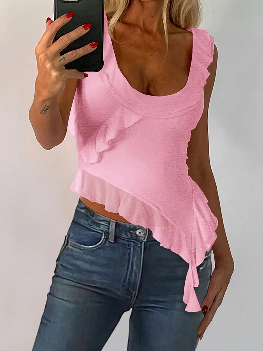 

Women Mesh Ruffles Tank Tops Y2k Asymmetrical Scoop Neck Crop Tops 2024 Summer Y2k Going Out Top Sexy Cami Shirt