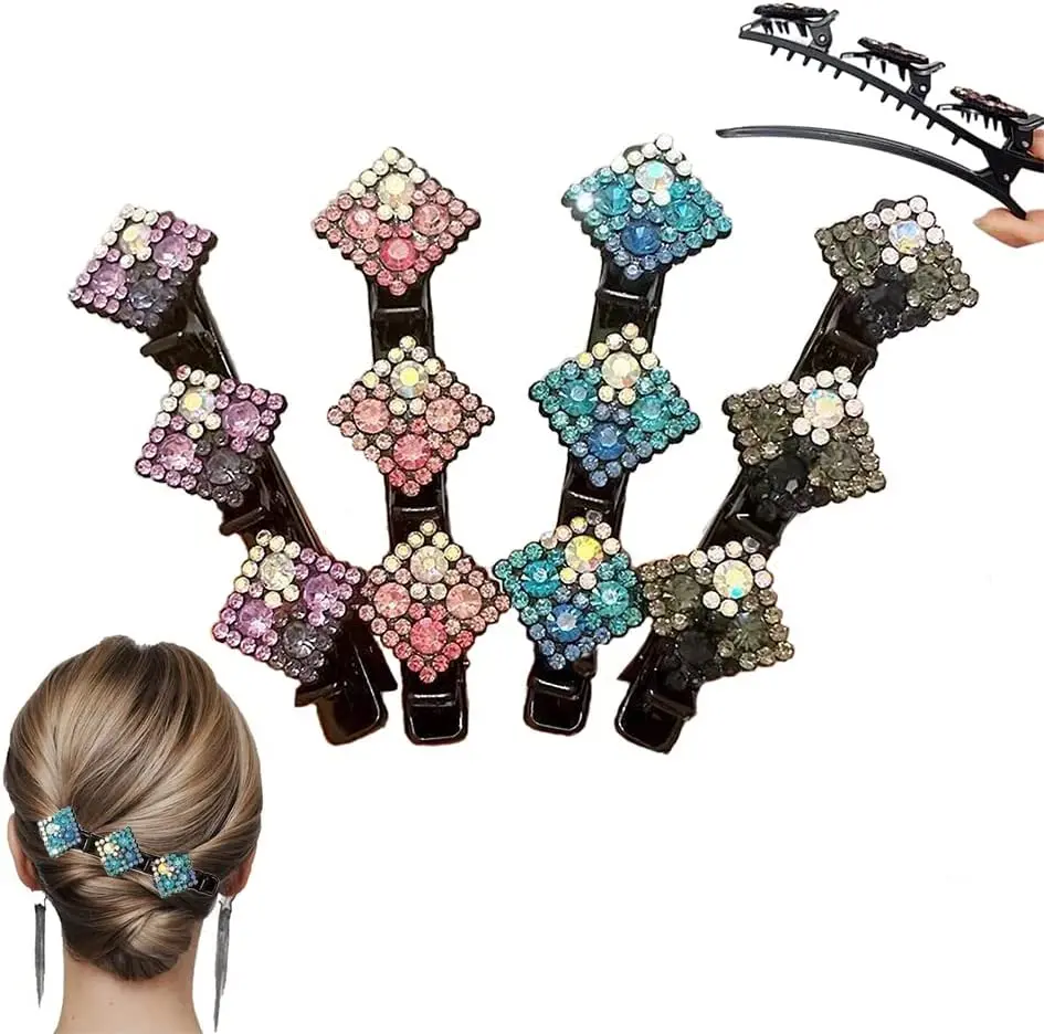 

Sparkling Crystal Stone Braided Hair Clips, Chopped Hairpin Duckbill Clip with 3 Small Clips, Braided Hair Clip with Rhinestones