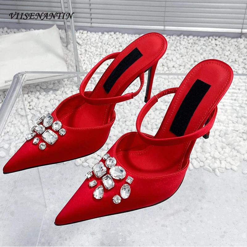 

Gemstone Decor Pointed Toe Luxury Silk Slippers Women Sexy Party Shoes New Style Thin High Heel Mules Sandals Elegant Lady Shoes
