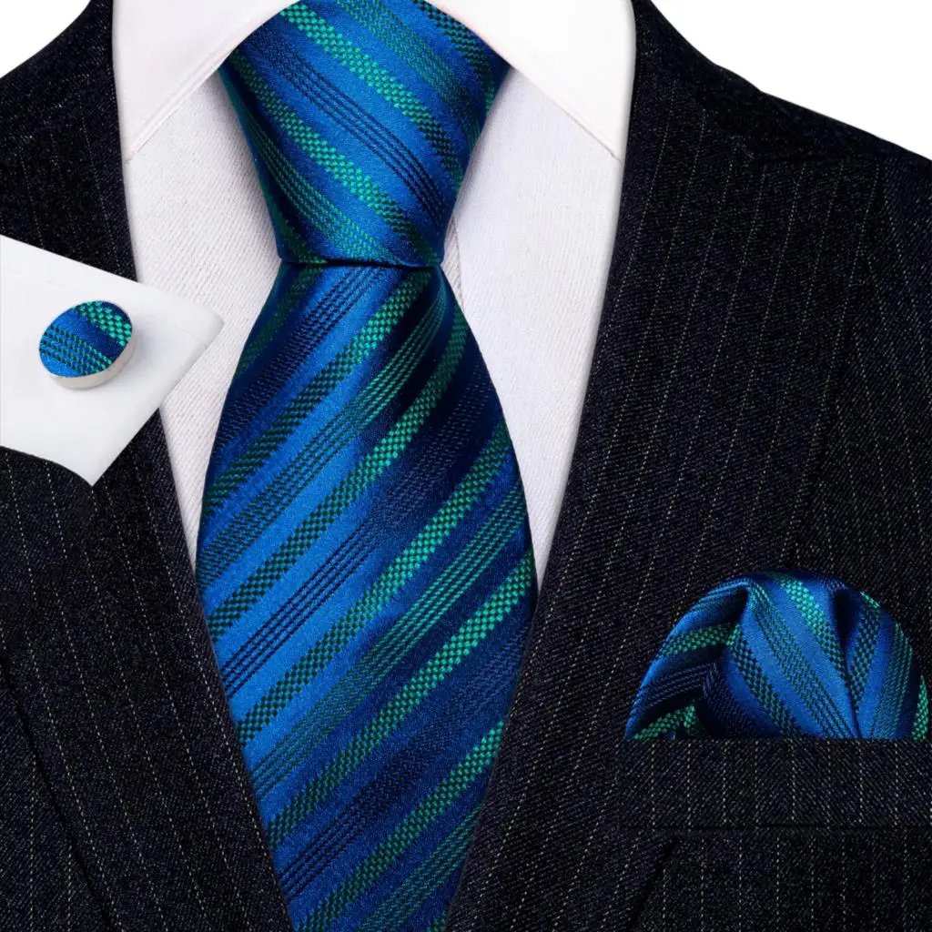 

Designer Blue Teal Striped Silk Tie for Mens Necktie Handkerchief Cufflinks Set Wedding Business Gift Corbatas Barry·Wang 6341