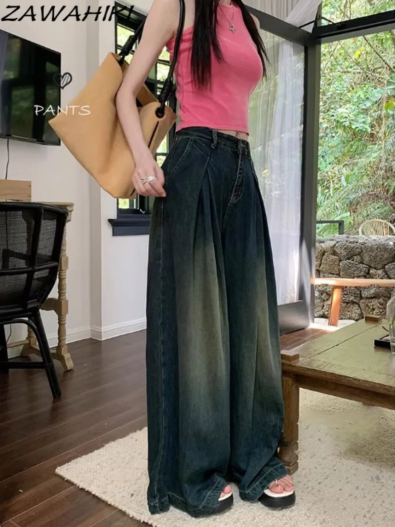 

Baggy Pants Chic Designed Vintage Wide Leg Solid Color Summer Fashion New Arrive Loose Casual Y2K Pleated High Waist Jeans