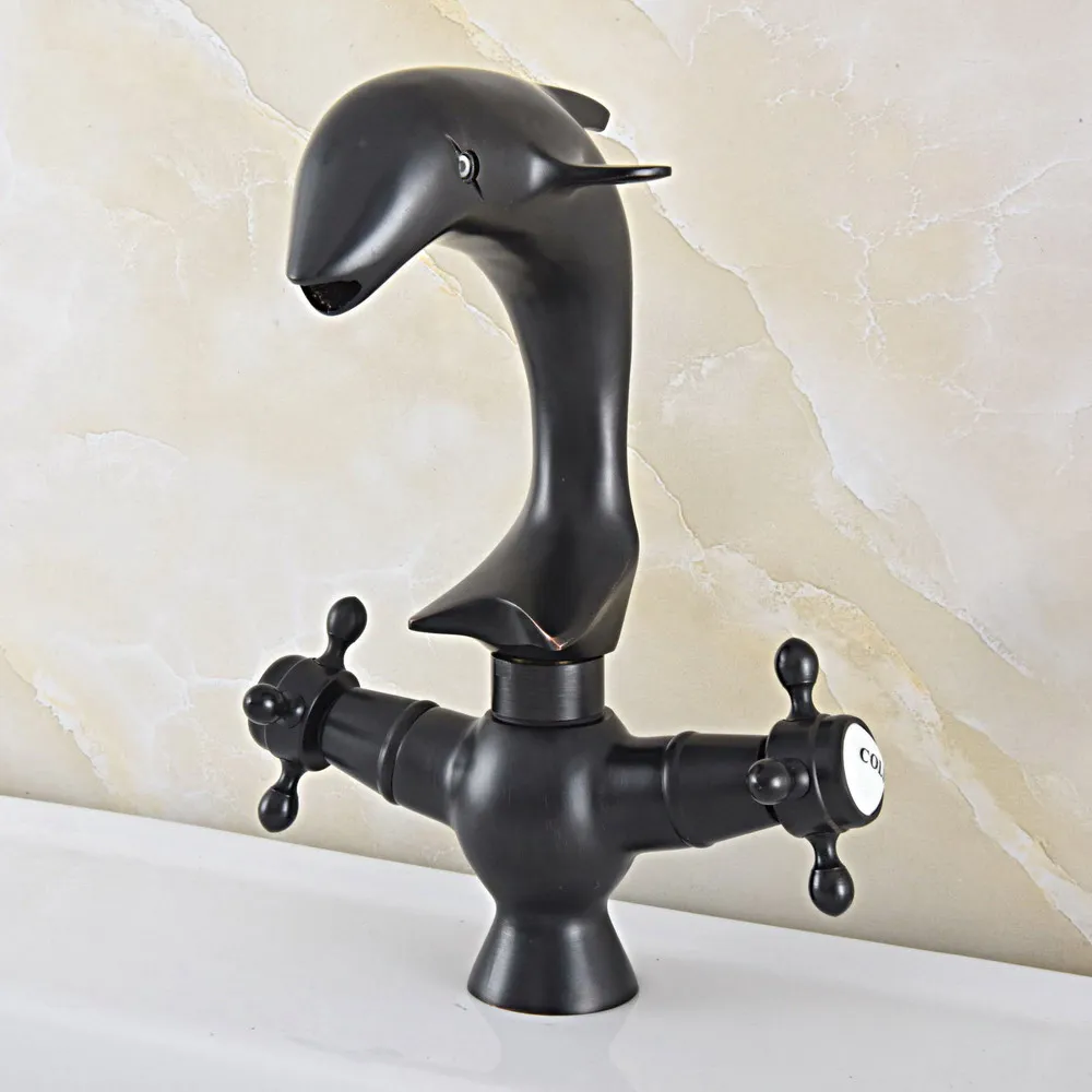 

Basin Faucets Black Oil Rubbed Brass Dolphin Style Faucet 360 Rotation Dual Cross Handle Mixer Taps Bathroom Vessel Sink Faucet