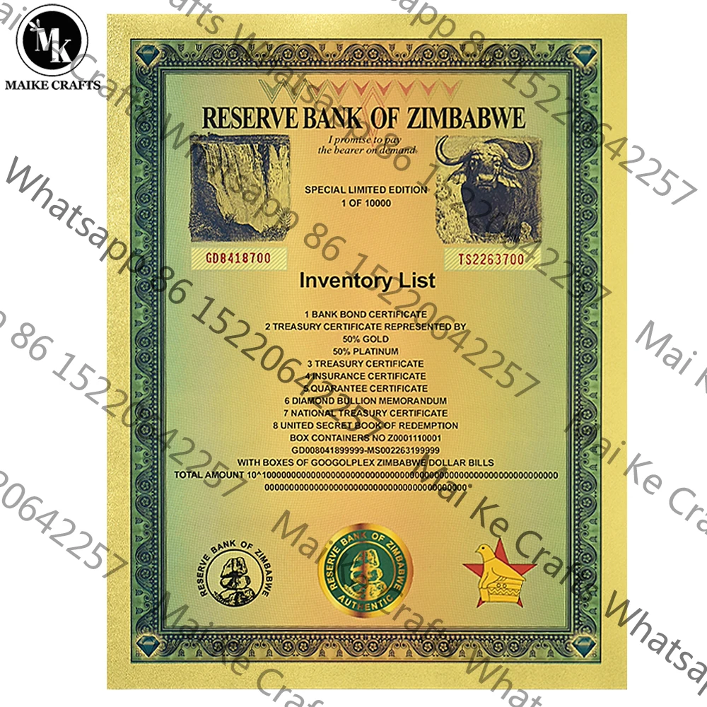 Zimbabwe Googolplex Containers Gold Foil Banknote Certificate Plastic Reel with UV Serial Number Collection Business Gifts
Zimbabwe Googolplex Containers Gold Foil Banknote Certificate Plastic Reel with UV Serial Number Collection Business Gifts