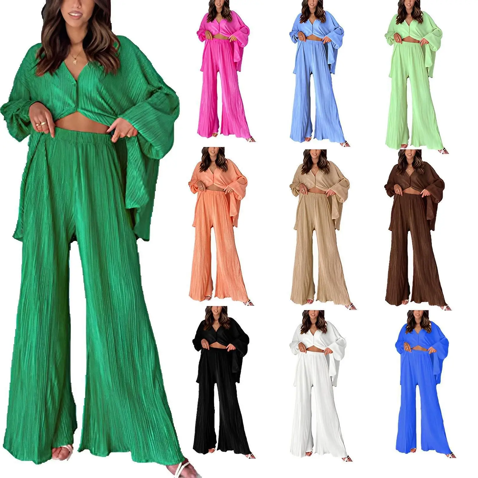 2023 Spring Summer New Women's Solid Color Pleated Single-Breasted Top & High Waist Wide-Leg Bell-Bottoms Homewear Suit
2023 Spring Summer New Women's Solid Color Pleated Single-Breasted Top & High Waist Wide-Leg Bell-Bottoms Homewear Suit