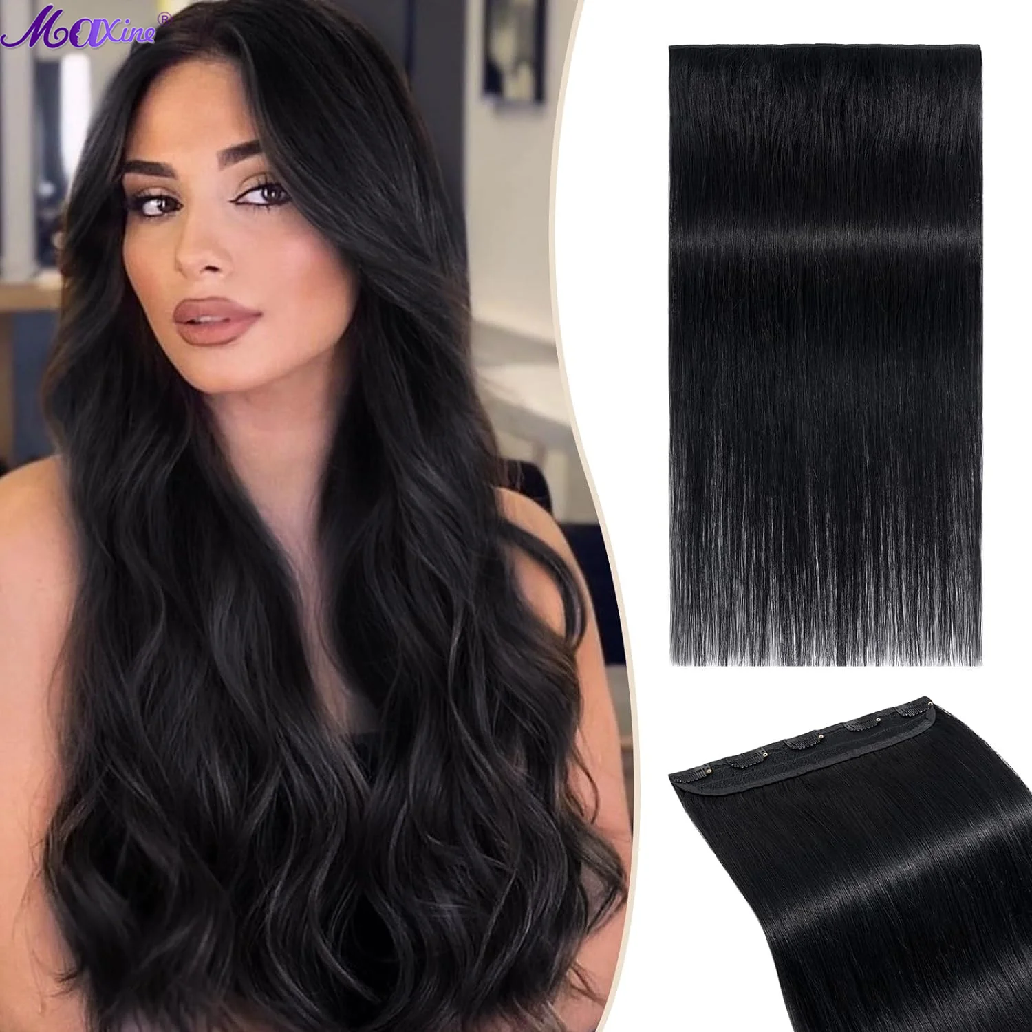 

Jet Black Real Hair Extensions Clip in Human Hair One Piece Five Clips in Human Hair Extensions Straight Clip in Remy Hair