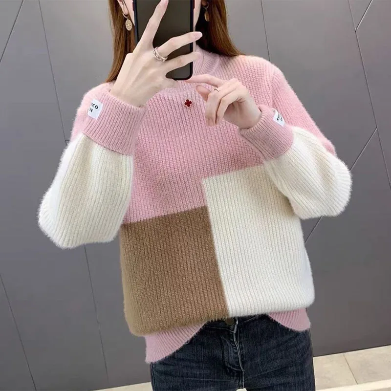 

New Autumn/Winter Fashion Thickened Contrast Color Half High Neck Mink Fleece Loose and Versatile Women's Long Sleeve Sweater