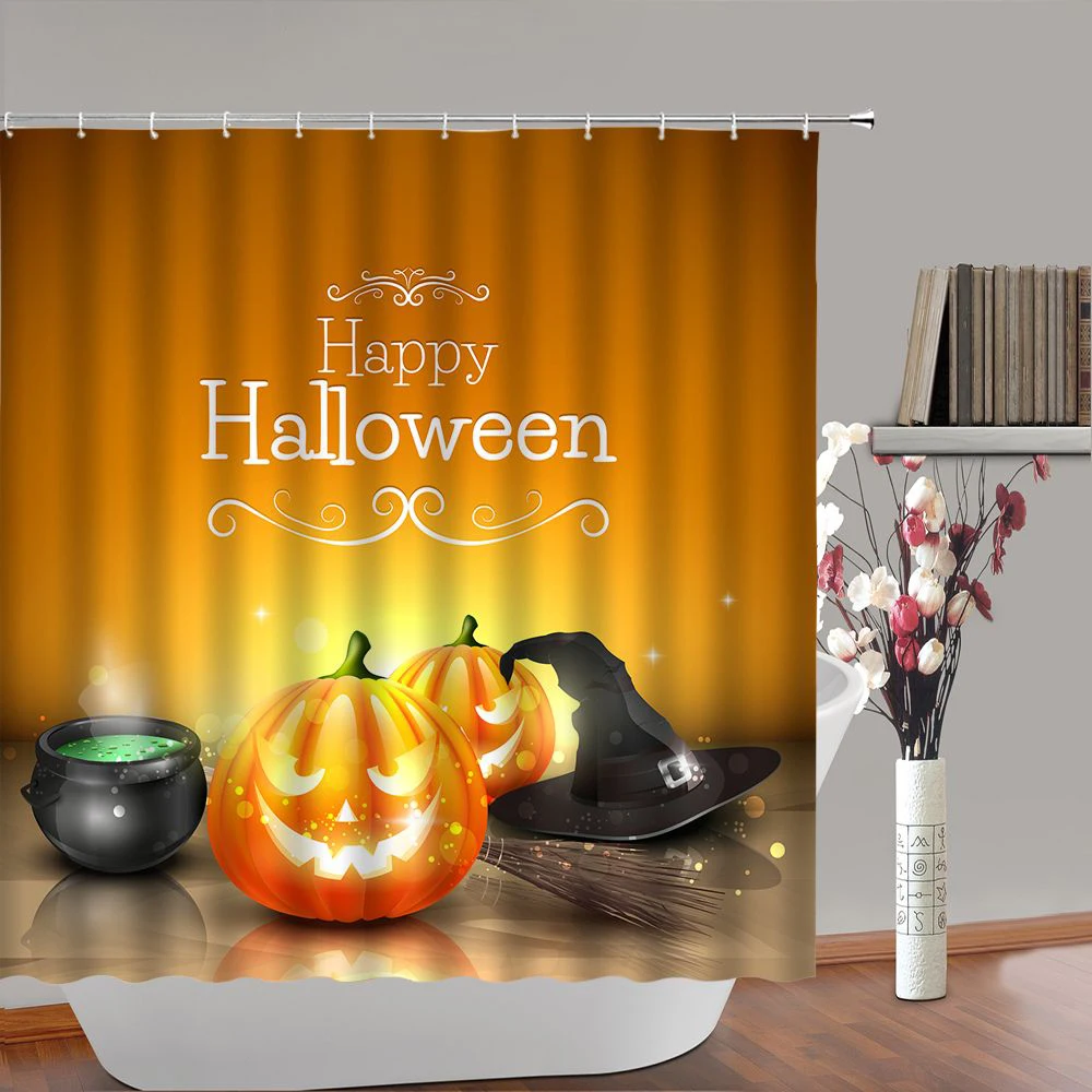 

Horror Witch Halloween Shower Curtain Scary Pumpkin Full Moon Bats Spider Bathroom Polyester Waterproof Bath Curtain with Hooks