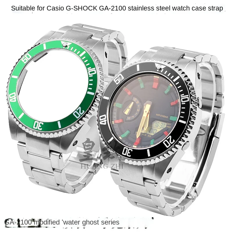 

For Casio GA-2100/GA-2110 Modification Rolex black green water ghost submariner Black Warrior stainless steel strap case watch