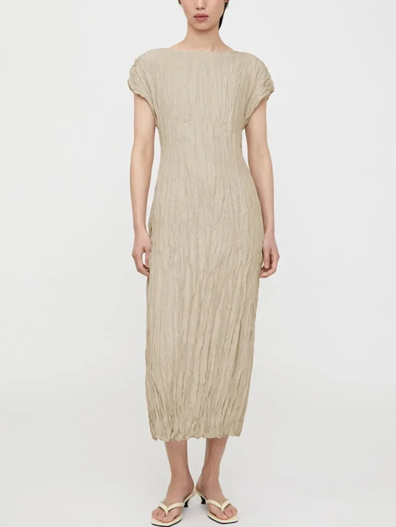 

Dress for Women 2023 New Summer 100% Silk Slash Neck Solid Color Slim Sweet Short Sleeve Mid-calf Robes