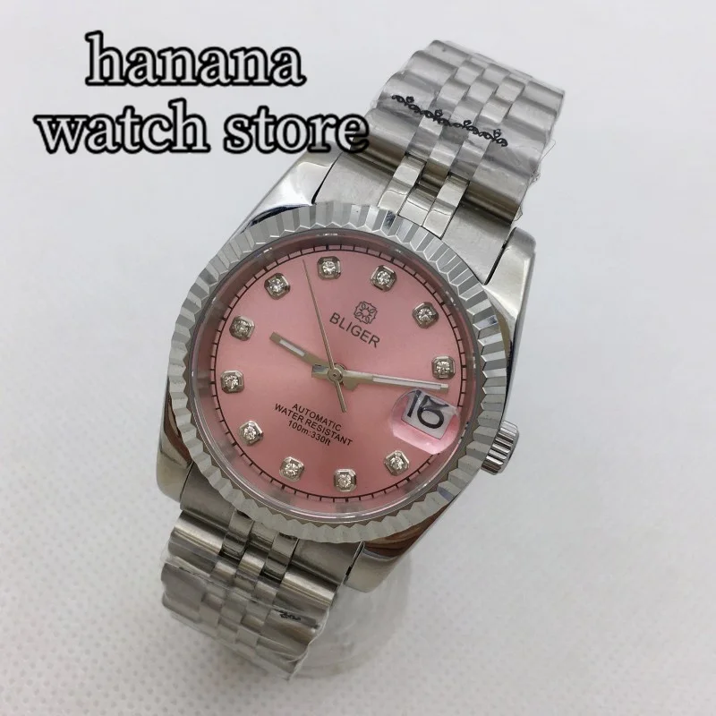 

BLIGER 36mm/39mm NH35A Men's Mechanical Automatic Watch Recital Bezel Pink dial Diamond Index Date Presidential/Jubilee Bracelet