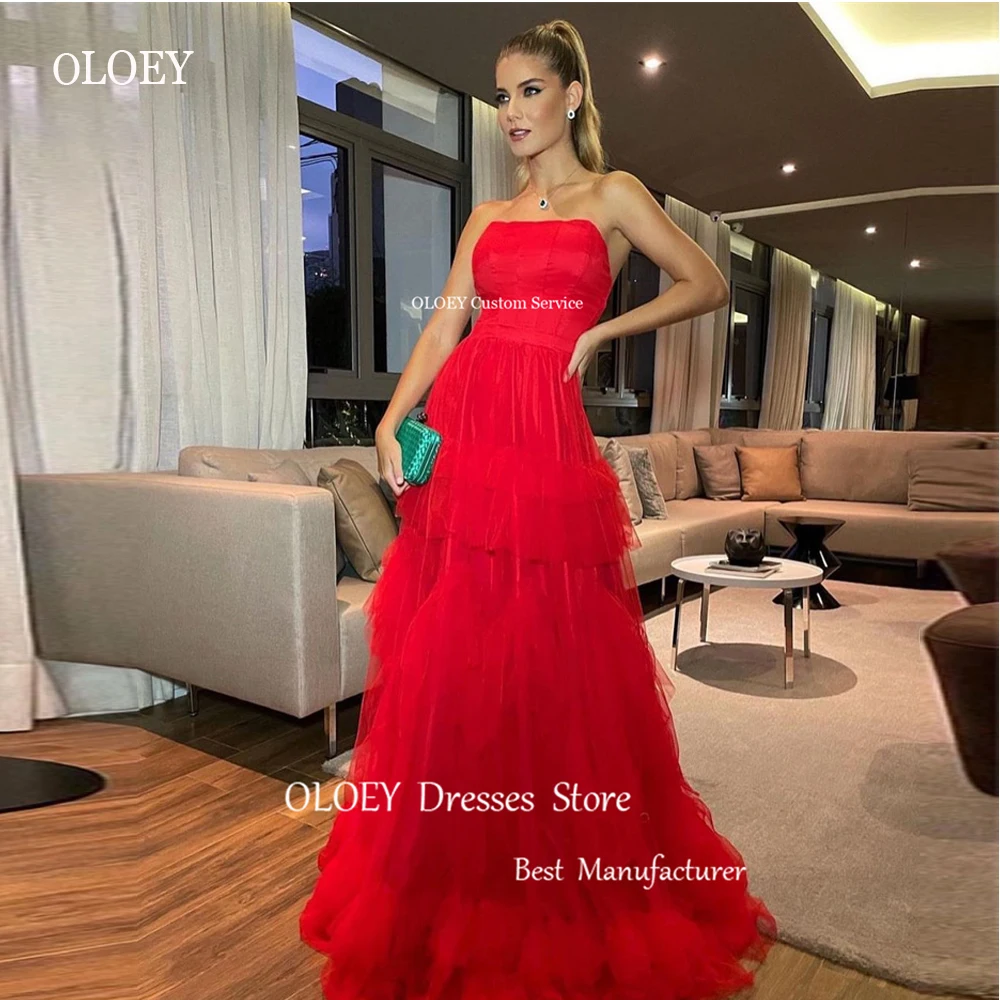 

OLOEY Stunning Red Tulle Long Prom Dresses Strapless Tiered Layered Floor Length Evening Gowns Formal Party Dress 2023 Vestidos