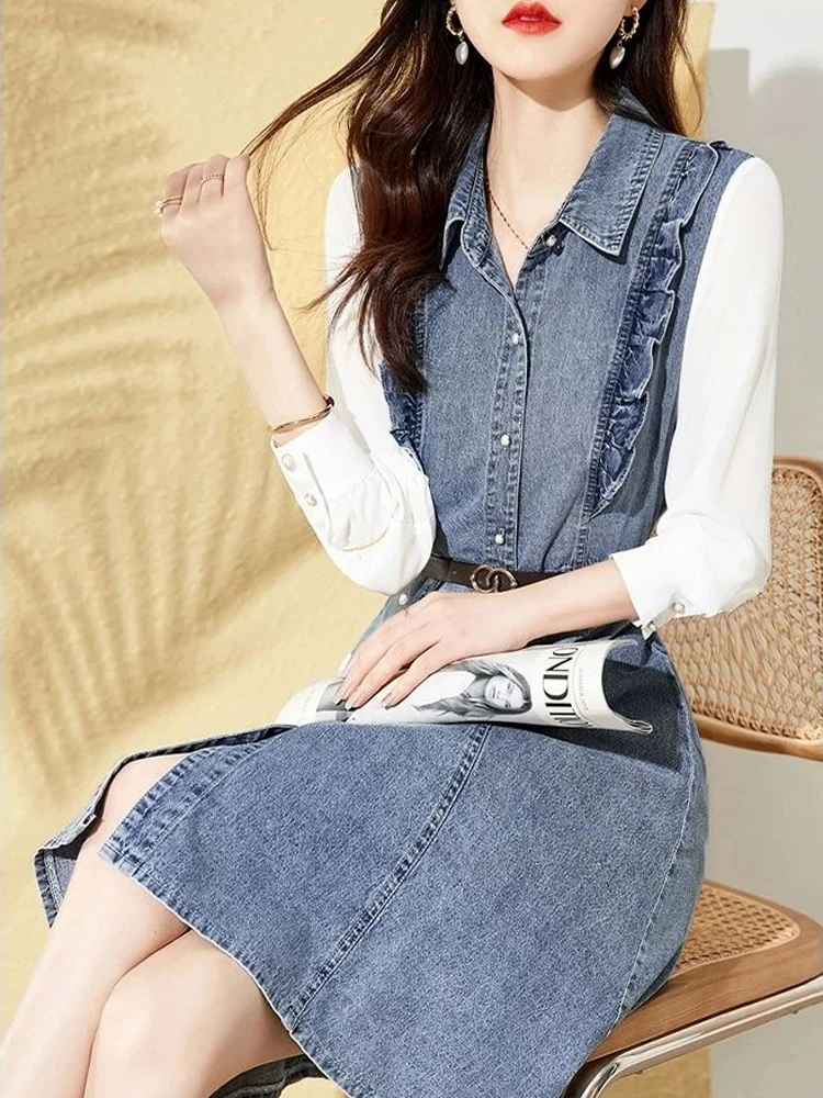 Ruffle denim dress women's 2023 spring new fashion contrast color patchwork belt shirt dress calf skirt
Ruffle denim dress women's 2023 spring new fashion contrast color patchwork belt shirt dress calf skirt