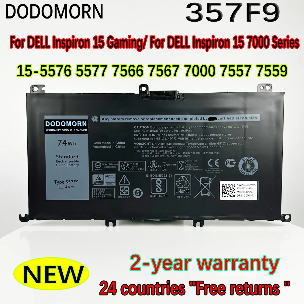 

DODOMORN 357F9 For Dell Inspiron 15 Gaming 5576 5577 7557 7559 7566 7567 Laptop Battery P65F P57F P65F001 P57F001 74Wh 11.4V