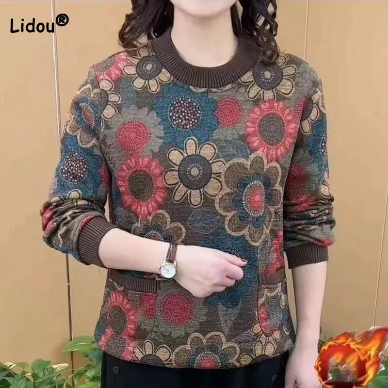 

New Elegant Vintage Floral Print Thick Sweaters Women's Clothing Autumn Winter Fashion Warm Long Sleeve Round Neck Pullovers