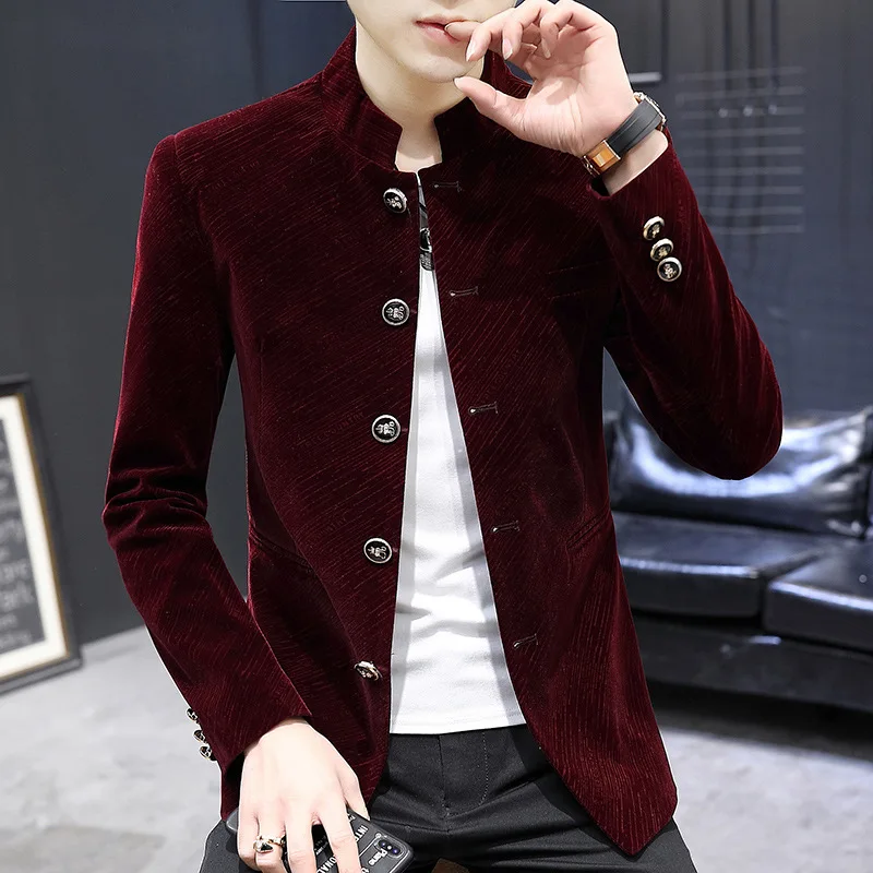 

HOO 2024 Men's Stand Collar Woolen Suit Jacket Youth Multi-Button Slim Autumn Leisure blazer