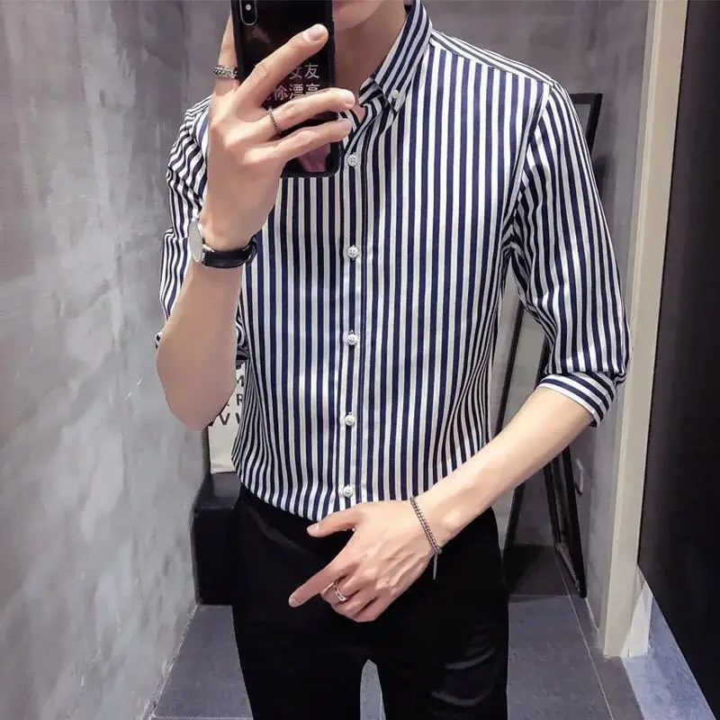 

2023 Summer Men's Clothing New Trend Korean Version Slimming Half Sleeve Striped Printed Polo-Neck Button Business Casual Shirts