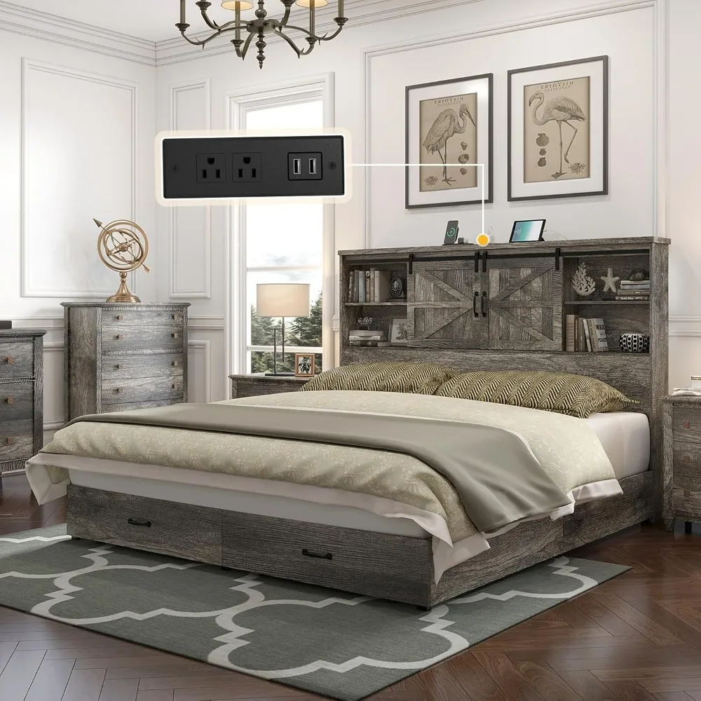 Wood Platform Bed Frame with 51.2" Bookcase Headboard, Storage Bed with Sliding Barn Door Charging Station 2 Drawers
Wood Platform Bed Frame with 51.2" Bookcase Headboard, Storage Bed with Sliding Barn Door Charging Station 2 Drawers