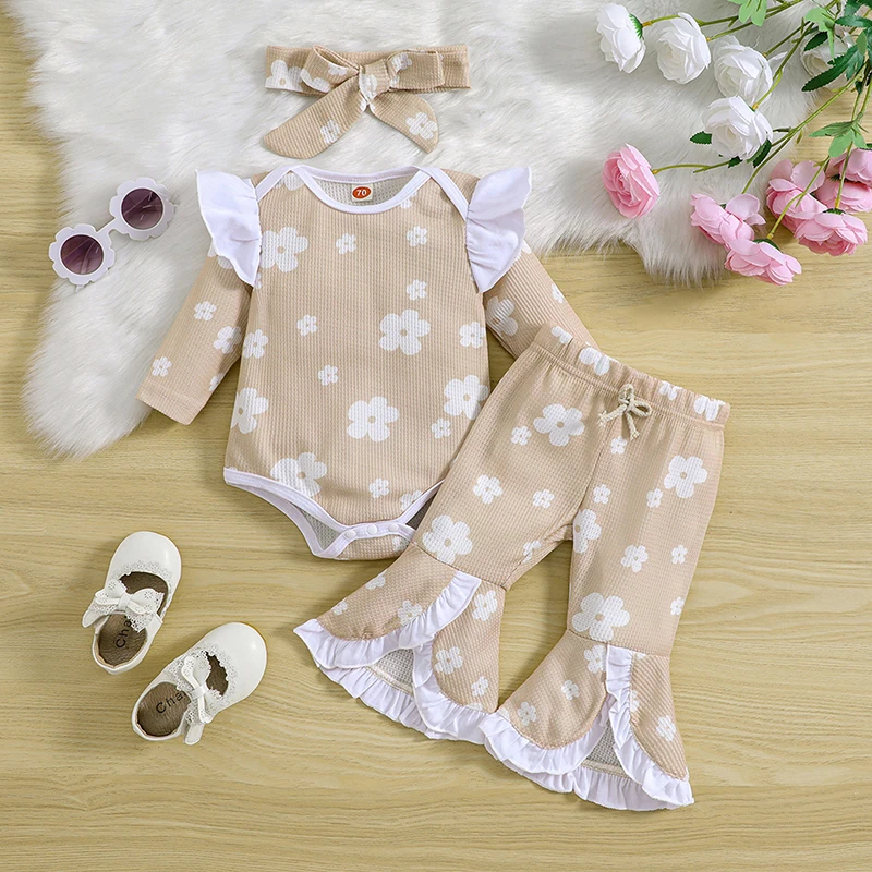 Infant Baby Clothing Girl Fall Flower Print Long Sleeve Romper + Flare Pants + Bow Headband Cotton Outfits Toddler Clothes
Infant Baby Clothing Girl Fall Flower Print Long Sleeve Romper + Flare Pants + Bow Headband Cotton Outfits Toddler Clothes
