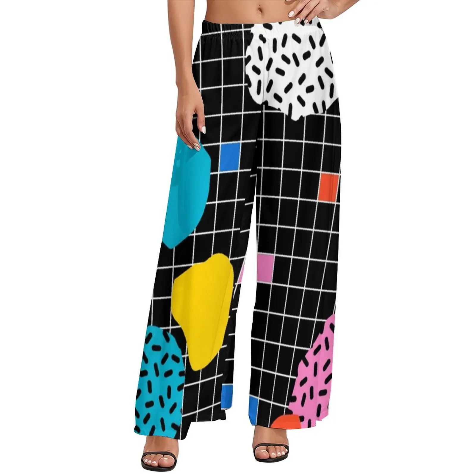 

Memphis Pants Women Grid Minimal 80s Vibes Street Style Graphic Trousers High Waisted Oversized Night Club Wide Leg Pants Gift