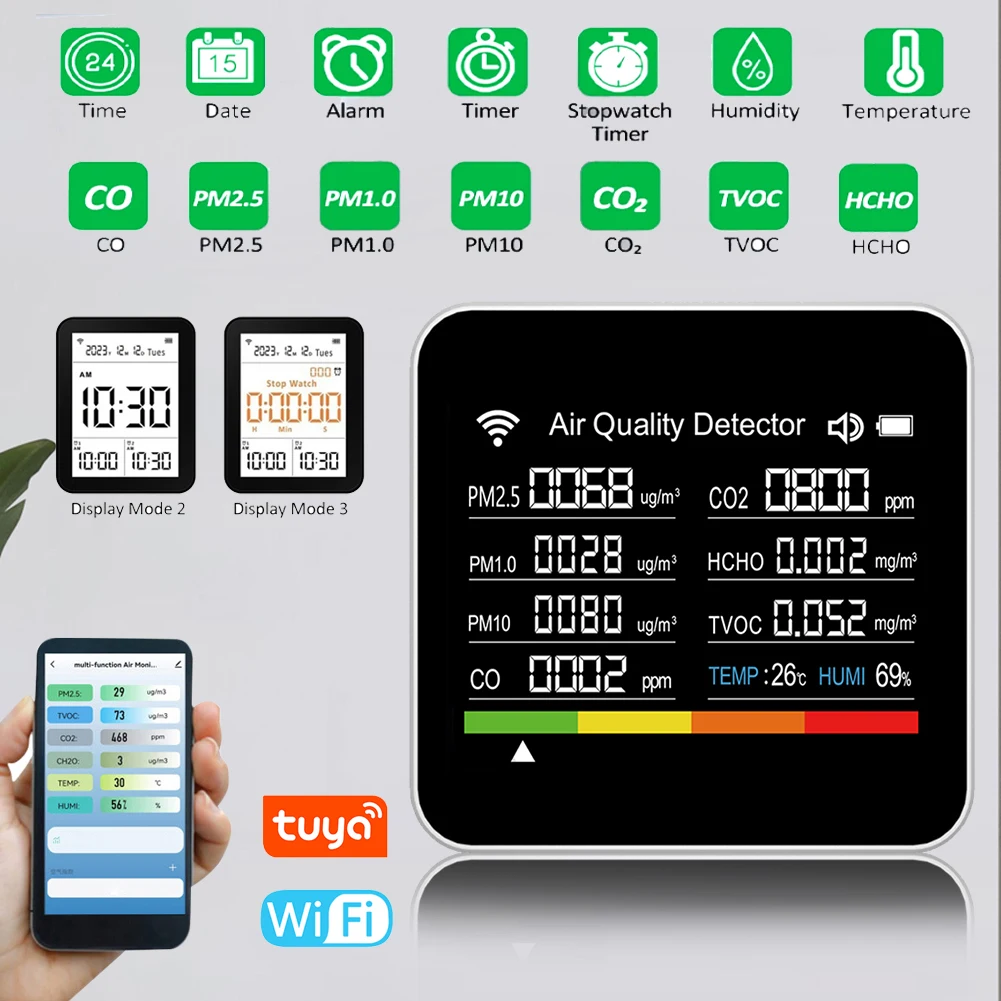 Indoor Air Quality Monitor 14 In 1 Air Quality Tester WiFi APP Control 2.8" Display for CO2 CO TVOC HCHO PM2.5 PM1.0 PM10 Temp
Indoor Air Quality Monitor 14 In 1 Air Quality Tester WiFi APP Control 2.8" Display for CO2 CO TVOC HCHO PM2.5 PM1.0 PM10 Temp