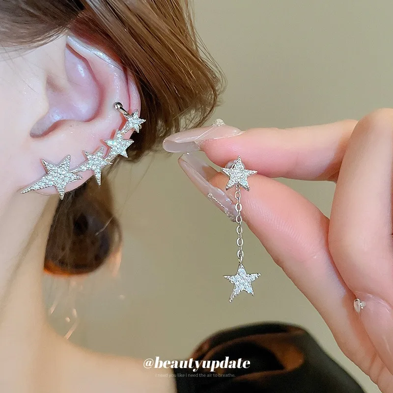 

Asymmetrical Zircon Shining Star Tassel Ear Clip Earrings for Women Fashion Non Pierced Ear Bone Jewelry
