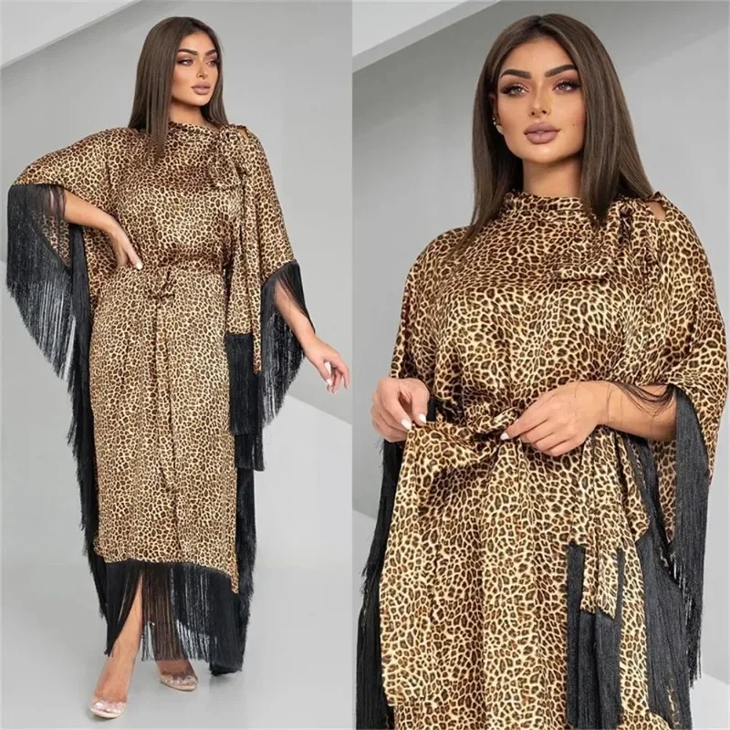 

Dubai Fashion Batwing Sleeve Tassel Evening Party Abayas Saudi Leopard Belted Dresses Shalwar Kameez Moroccan Gulf Women Kaftan