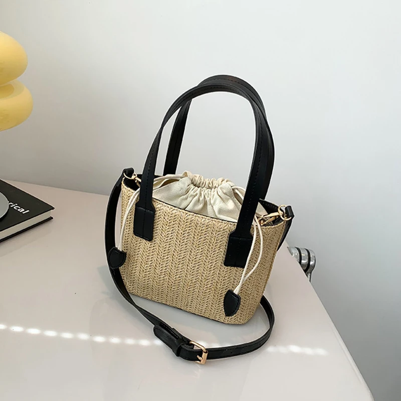 Knit Straw Bucket Tote - Woven Beach Travel Bag with Wrist Handle 19 S5f5843f2b236469aa8a7da51bc2673c4p