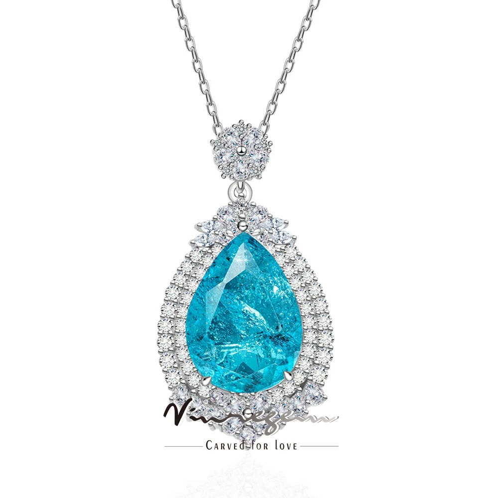 

Vinregem 13*18 MM Pear Lab Created Paraiba Tourmaline Emerald Gemstone Vintage Pendant Necklaces 925 Sterling Silver Jewelry
