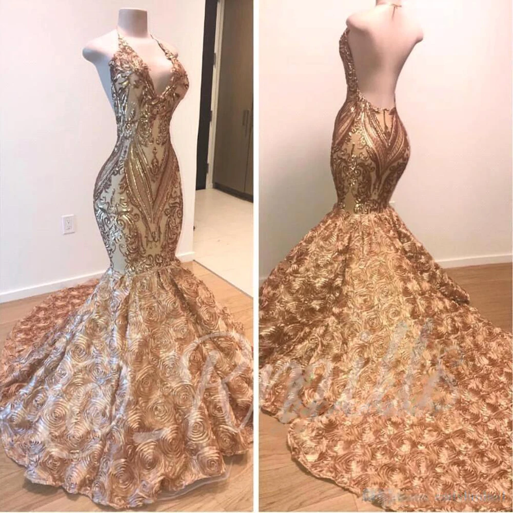 

2023 Latest Design Ruffled Hem Mermaid Prom Dresses Halter Sexy Deep V Hollow Sequined Lace Backless Evening Celebrity Long Gown