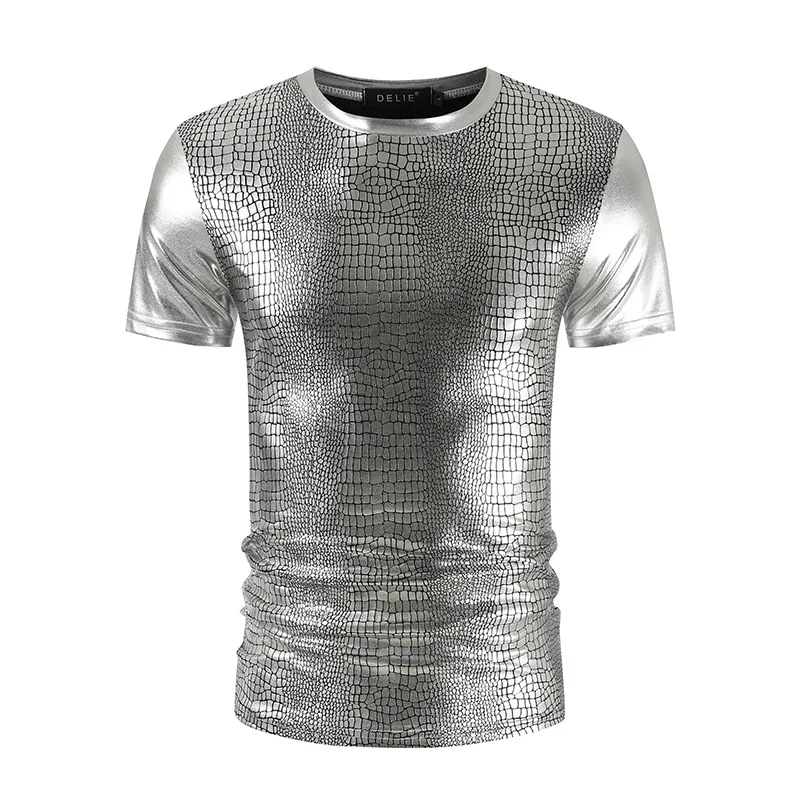 

Short Sleeved Men Glossy Nightclub Snake Patterned Gilded Fabric T-shirt New Summer Mens Slim Fitting T-shirt