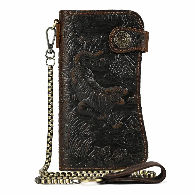 

New Men's Genuine Leather Long Wallet Crazy Horse Leather , Retro Iron Chain Anti-theft Clutch Bag
