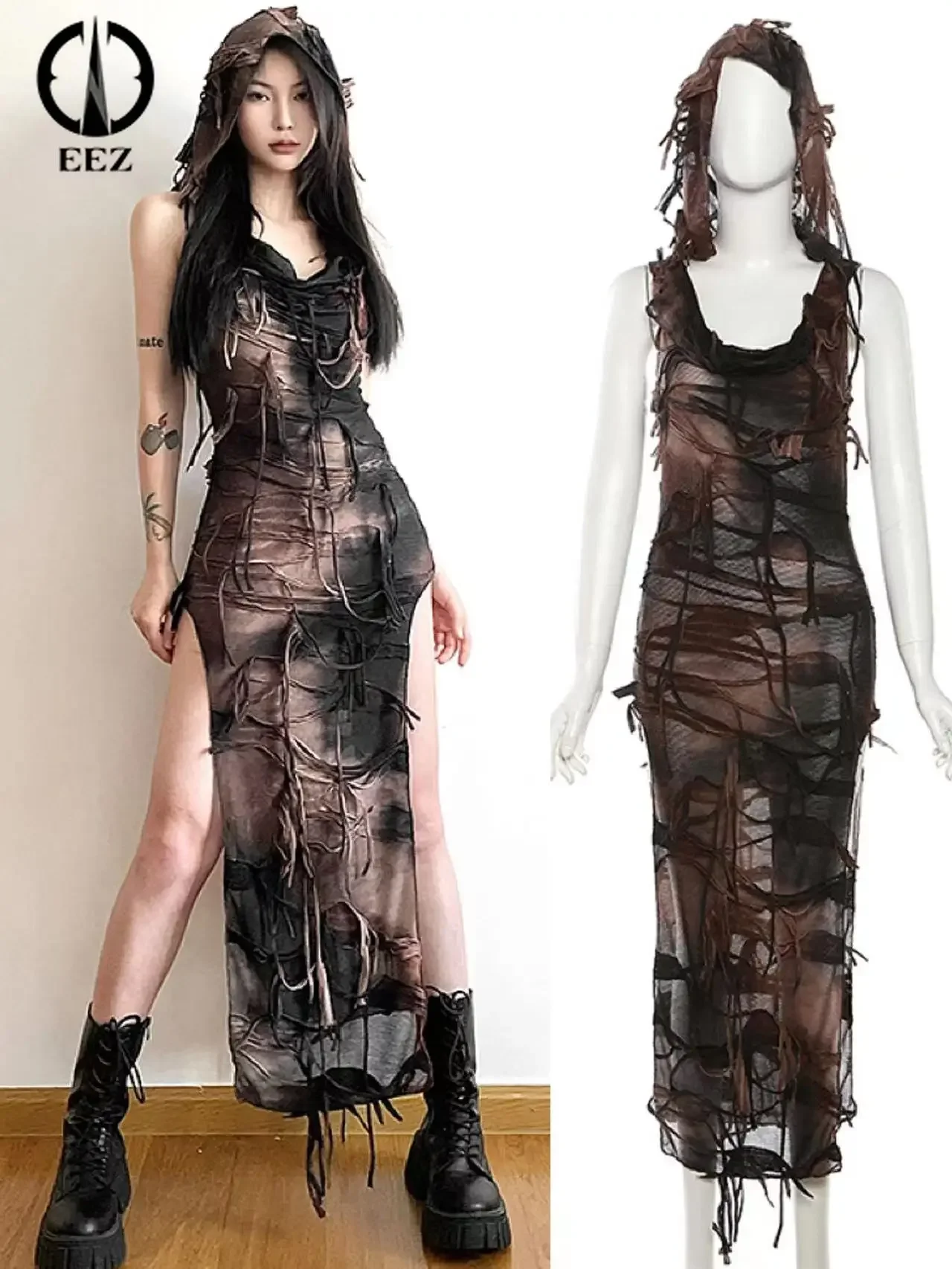 Women's Knitted Sleeveless Perspective Hooded Dress Y2k Tie Dye Split Bodycon Vintage Goth Tassel Midi Dresses Sexy Streetwear
Women's Knitted Sleeveless Perspective Hooded Dress Y2k Tie Dye Split Bodycon Vintage Goth Tassel Midi Dresses Sexy Streetwear