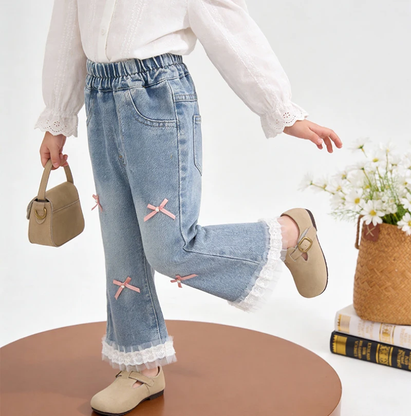 بنطلونات جينز للفتيات لفصلي الربيع والخريف بأسلوب غربي مع دانتيل وفيونكة، سراويل واسعة من الأسفل، بنطلونات طويلة أنيقة للفتيات الصغيرات بأسلوب كوري متعدد الاستخدامات بنطلونات جينز للفتيات لفصلي الربيع والخريف بأسلوب غربي مع دانتيل وفيونكة، سراويل واسعة من الأسفل، بنطلونات طويلة أنيقة للفتيات الصغيرات بأسلوب كوري متعدد الاستخدامات