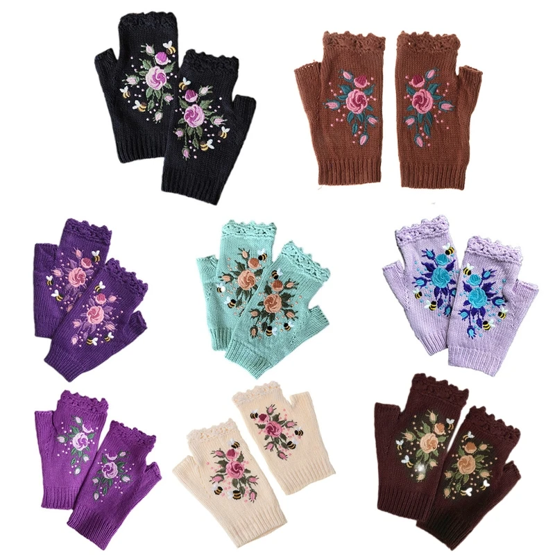 

Crochet Knit Half Finger Gloves Flower Embroidery Texting Stretchy Arm Warmers H9ED