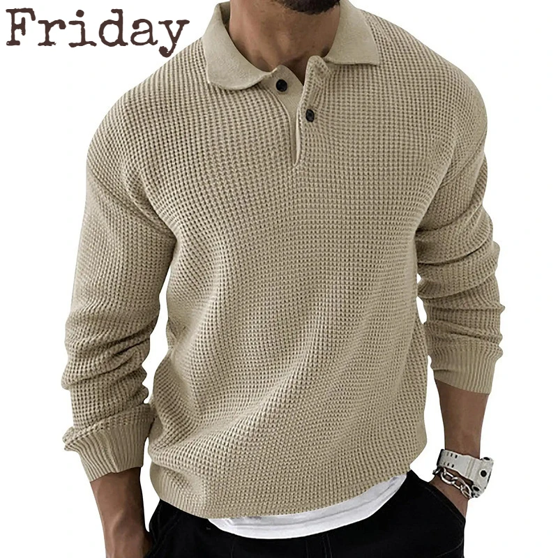 

Autumn New Waffle Knitwear for Men Explosive Urban Slim-fit Lapel Sweater Men's Solid Color All-match Polo Collar Men's Clothing