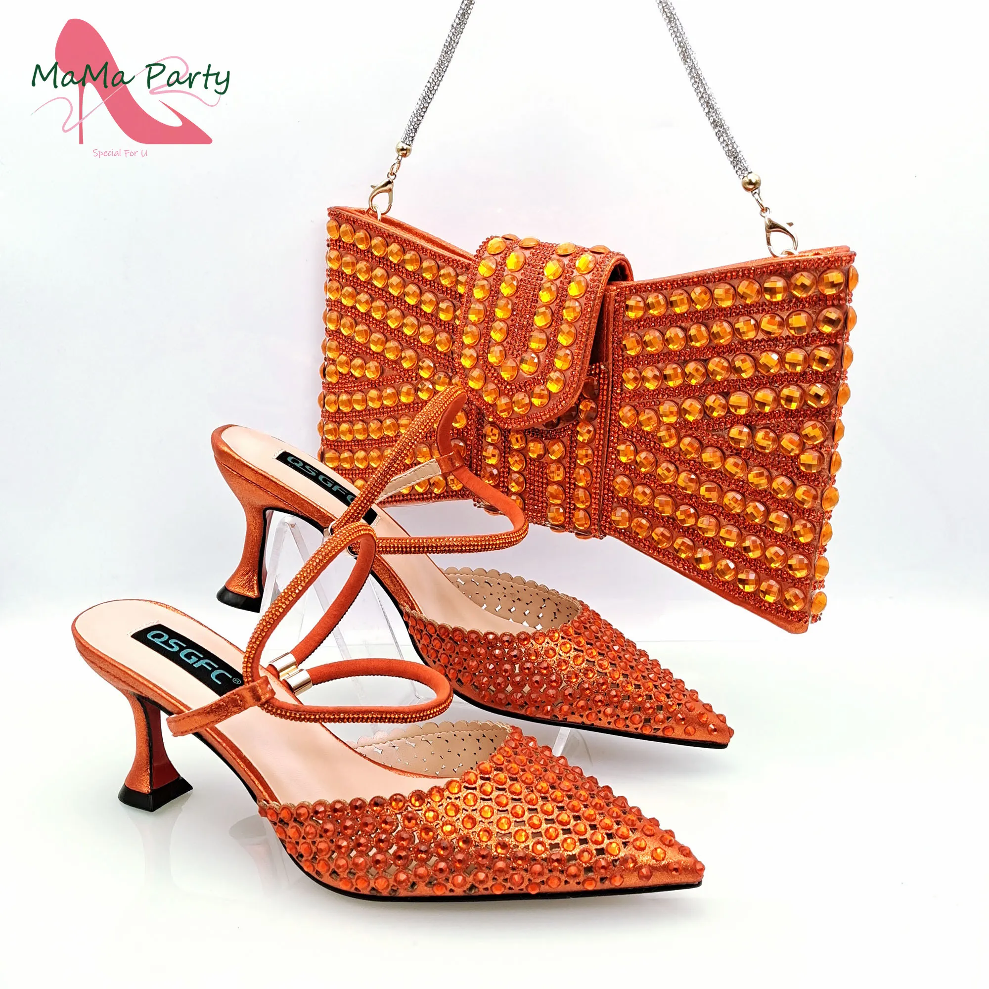 Mature New Coming African Women Shoes Matching Bag Set with Shinning Crystal with Thin Heels for Garden Party in Orange
Mature New Coming African Women Shoes Matching Bag Set with Shinning Crystal with Thin Heels for Garden Party in Orange