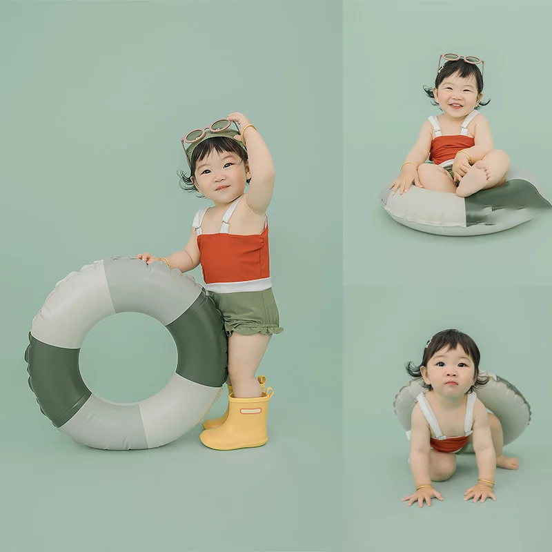 

1-2 Years Old Girl Photoshoot Outfits Summer Seaside Theme Suspender Shorts Suit Rain Boots Swimming Ring Children Picture Props