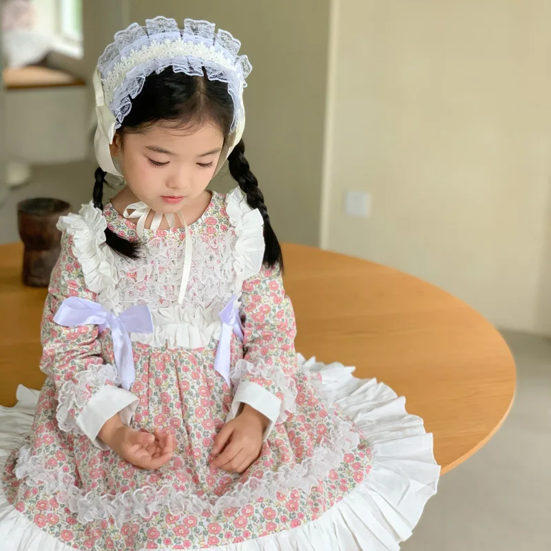 

Girls Lolita Dress Spring Autumn Floral Lace Spliced Cotton Puffy Childrens Princess Dress Knotbow Baby Girl Long Dress