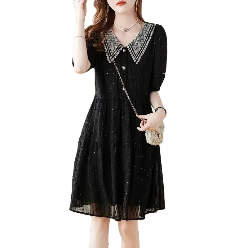 2024 New Summer Black sequin doll neck Dress For Women's Clothing Summer Loose Slim A-line Dress Short Sleeve Dresses Vestidos
2024 New Summer Black sequin doll neck Dress For Women's Clothing Summer Loose Slim A-line Dress Short Sleeve Dresses Vestidos