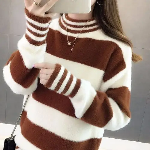 Imitation Mink Plush Half High Collar Pullover for Women's 2023 New Autumn/Winter Thick Warm Stripe Knitted Sweater B520
Imitation Mink Plush Half High Collar Pullover for Women's 2023 New Autumn/Winter Thick Warm Stripe Knitted Sweater B520