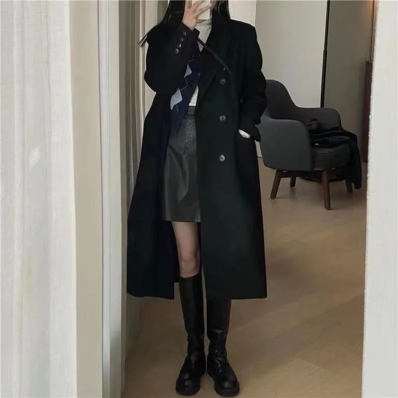 

Black Woolen Coat Women's Long Autumn and Winter Korean Version of The New Hepburn Style Over-the-knee Woolen Coat