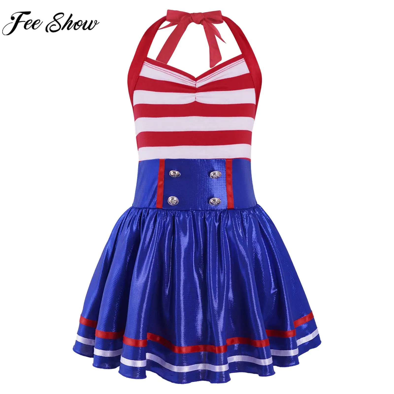 

Girls Navy Cosplay Dress Sleeveless Halter Neck Backless Tutu Halloween Theme Party Role Play Carnival Stage Performance Costume