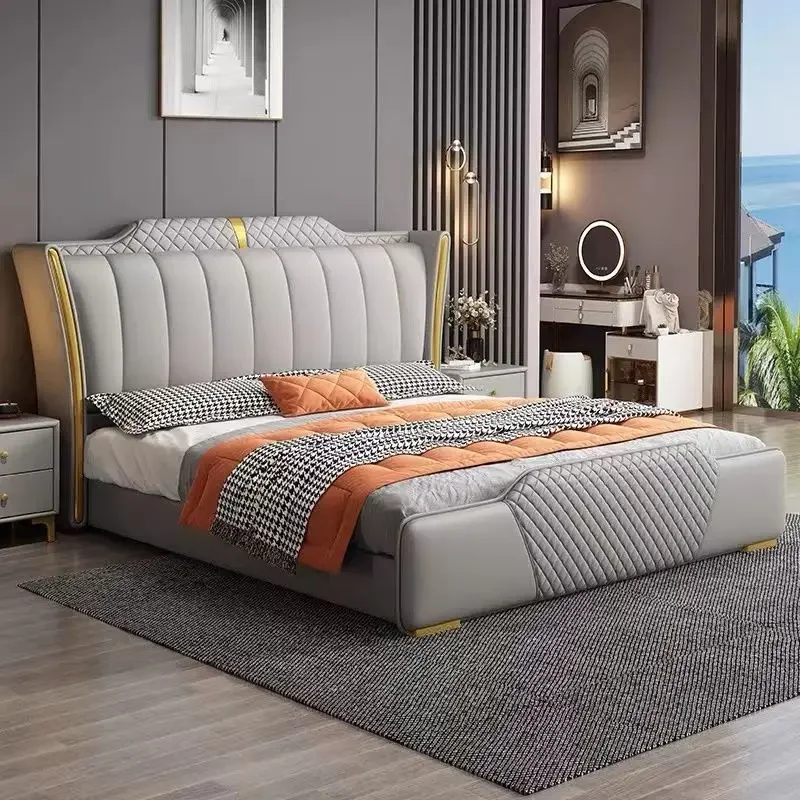

Кровать из мягкой кожи в современном минималистичном стиле, кровать 1,8 м для основной спальни, двуспальная кровать, 1,5 м для вторичной спальни, кровать для хранения, домашняя кровать