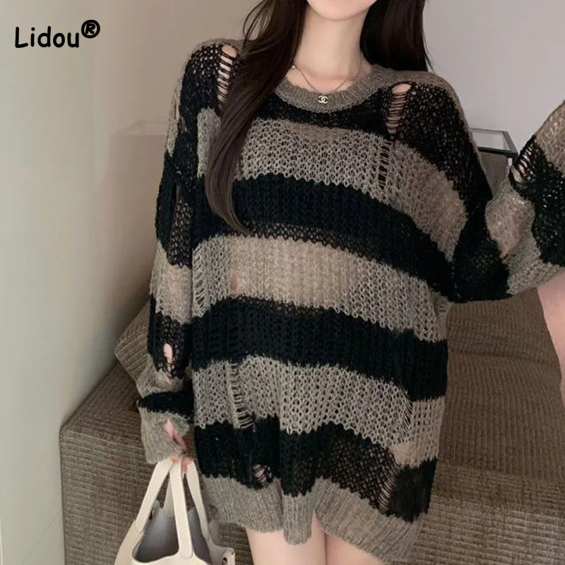 Korean Loose Hole Hollow Out Sweaters Spring Autumn Women's Clothing New Fashionable Trend Long Sleeve Striped Knitted Pullover
Korean Loose Hole Hollow Out Sweaters Spring Autumn Women's Clothing New Fashionable Trend Long Sleeve Striped Knitted Pullover