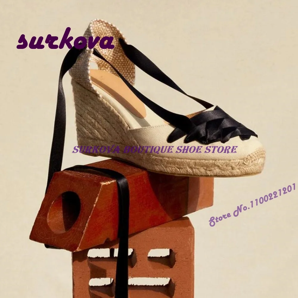 Wedge Espadrille Lace Up Pumps Platform Round Toe Satin Breathable Woven Beach Shoes Summer Women Casual Shoes 2023 New Luxury 
Wedge Espadrille Lace Up Pumps Platform Round Toe Satin Breathable Woven Beach Shoes Summer Women Casual Shoes 2023 New Luxury
