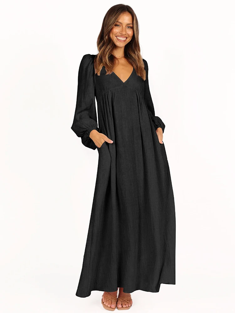 Women Loose Dress Autumn Solid Color Casual V-Neck Lantern Long Sleeve Fashion Cozy Elegant Literary Temperament Female Frocks
Women Loose Dress Autumn Solid Color Casual V-Neck Lantern Long Sleeve Fashion Cozy Elegant Literary Temperament Female Frocks