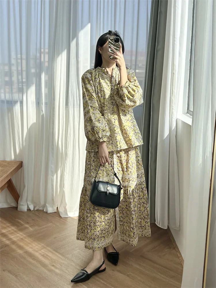 

Women Floral Printed Hollow Out Set O-Neck Long Puff Sleeve Shirt or High Waist A-Line Midi Skirt Summer 2024 Suit