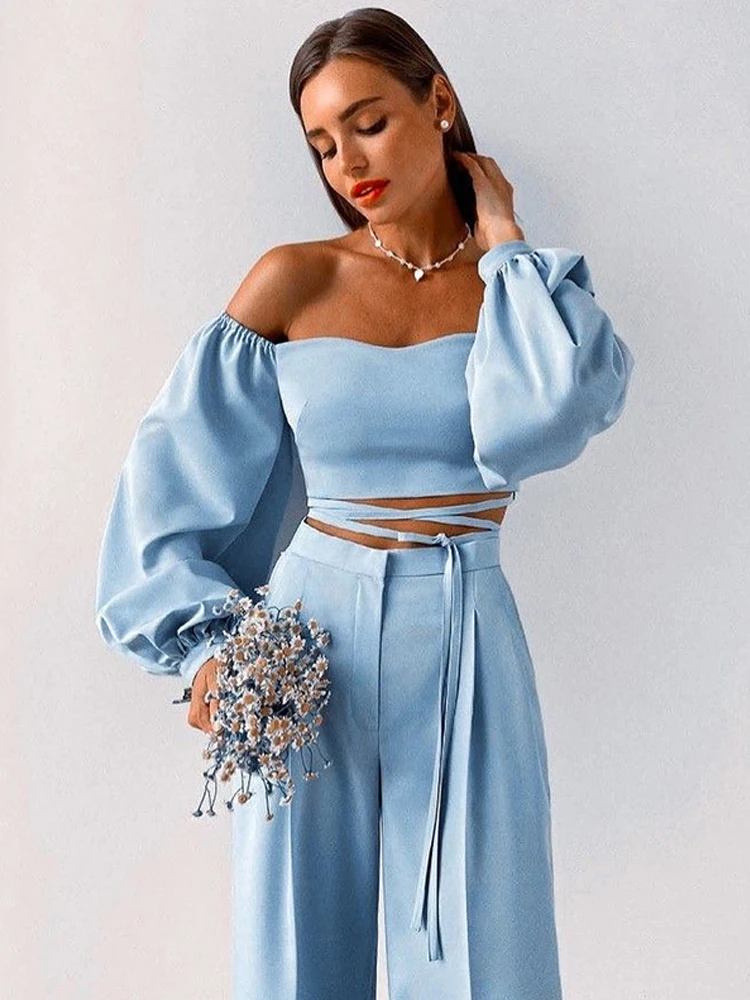 Women's Two-piece Set 2023 Autumn Elegant One-shoulder Bubble Long-sleeved Lace-Up Short Top Wide-Leg Suit Trousers Two-piece
Women's Two-piece Set 2023 Autumn Elegant One-shoulder Bubble Long-sleeved Lace-Up Short Top Wide-Leg Suit Trousers Two-piece