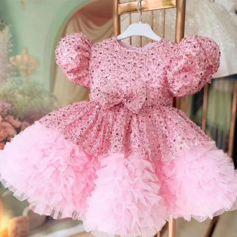 

Luxury Pink Sequined Baby Girl Birthday Party Dress Toddler Girls Pageant Dress 1st Tutu Tulle Dress Short Puff Sleeve