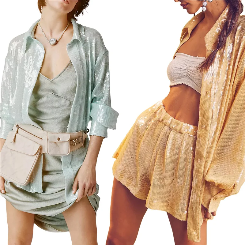 Women Summer Clothes Shiny Sequins Long Sleeve Button up Shirt / Loose Casual High Waist Shorts Clubwear
Women Summer Clothes Shiny Sequins Long Sleeve Button up Shirt / Loose Casual High Waist Shorts Clubwear